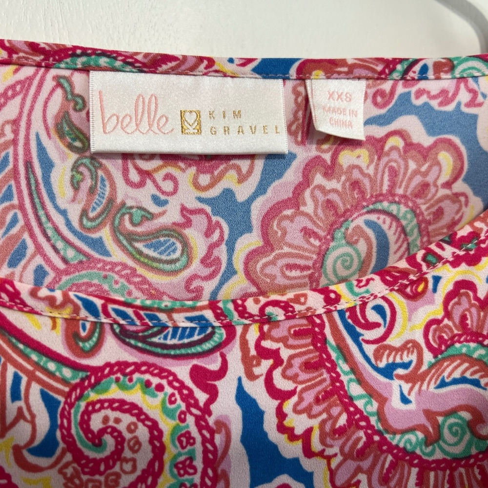 Belle by Kim Gravel Pink Paisley Tiered Bell Sleeve Blouse XXS Pink Blue Multi - Picture 3 of 7
